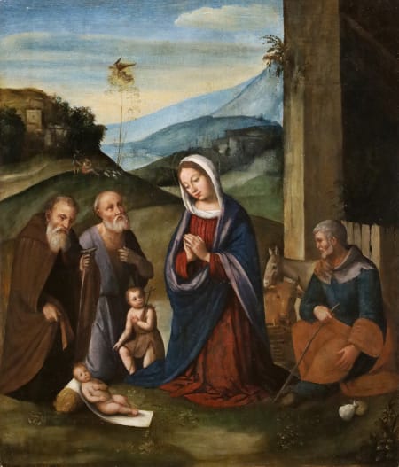 G. Battista Benvenuti detto Ortolano — Sacra Famiglia con SS. Girolamo, Antonio Abbate e Giovannino